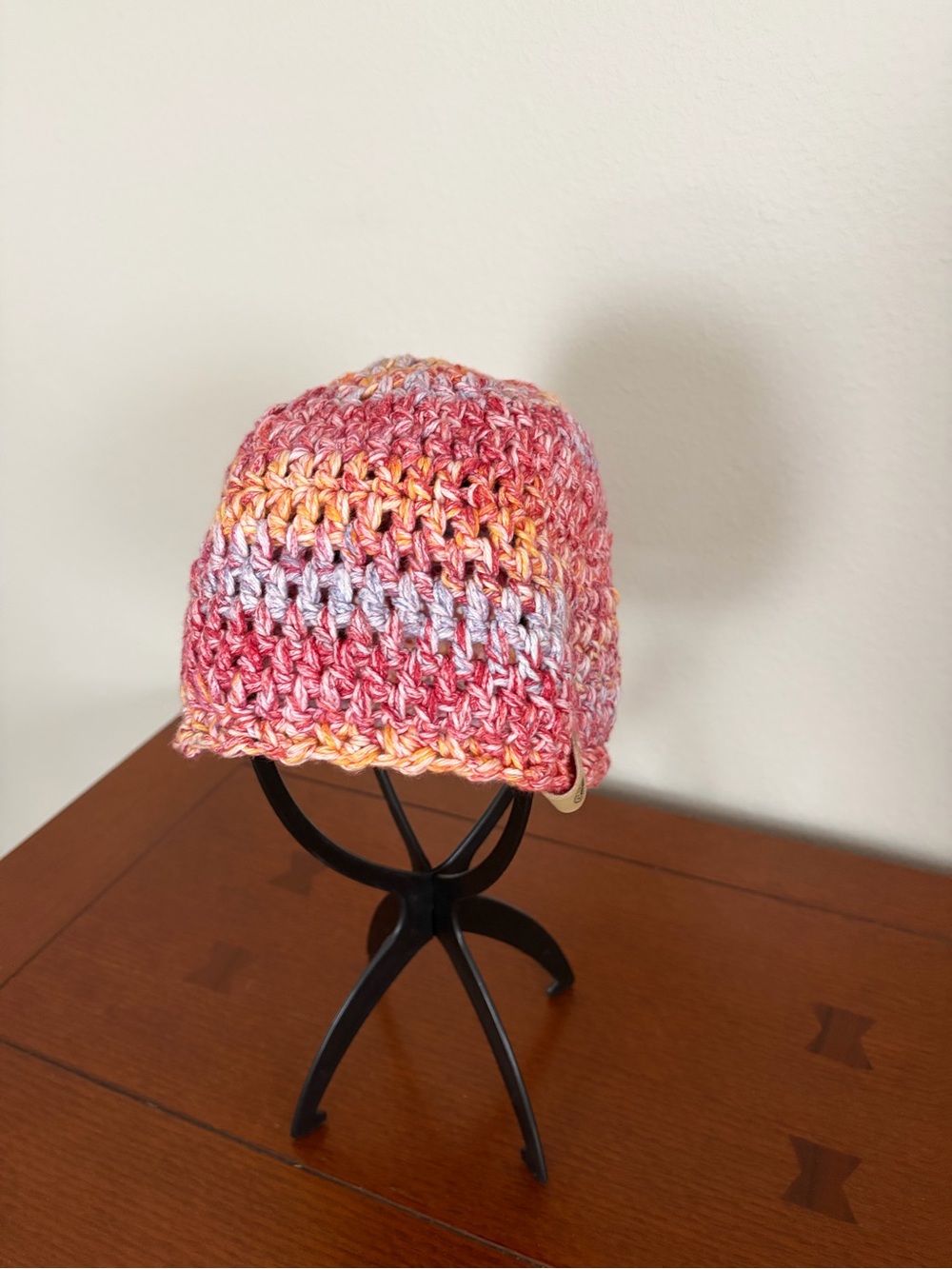 Handmade Multicolor Crochet Beanie Hat - Pink, Yellow & Lavender